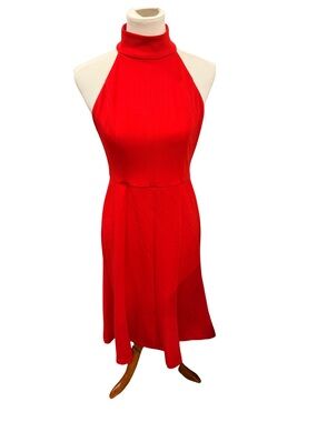 Donna Morgan Red Halter Midi Dress with High Neck